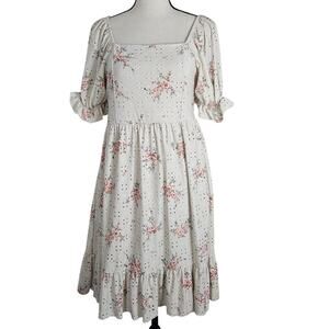Beauttees Juniors Dress Size 16 Ivory Floral Eyelet Puff Sleeve Midi Cottagecore